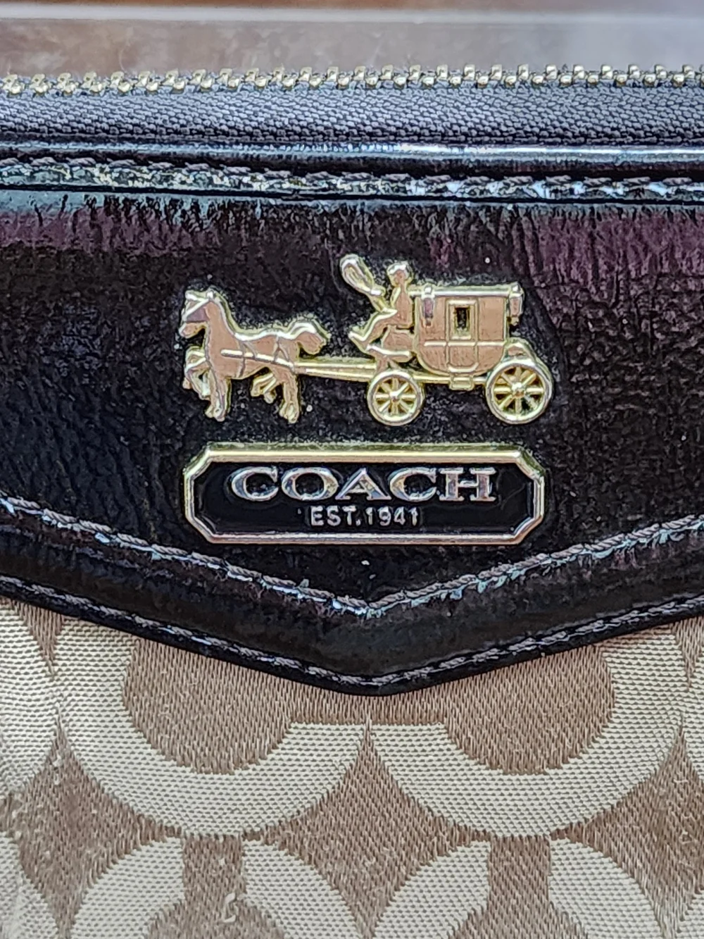 Coach Madison Signature Accordion Zip Wallet Khaki Brown Pleated Jacquard
